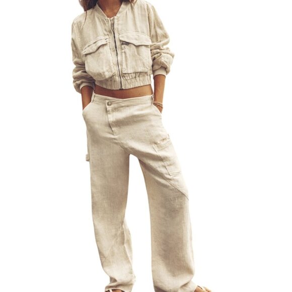 ZARA LINEN PANTS AND LINEN BOMBER JACKET SET - Picture 1 of 8